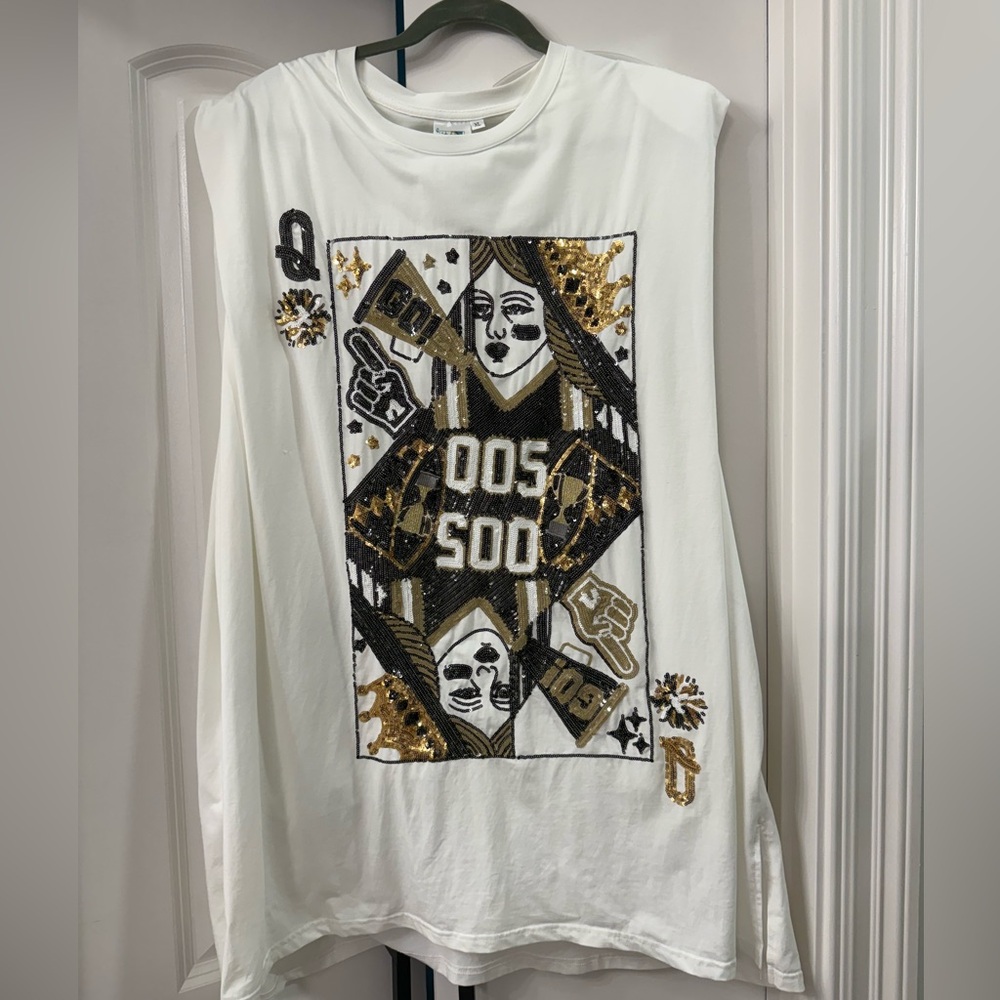 Queen of Sparkles Black and Gold Card Tee Dress XL